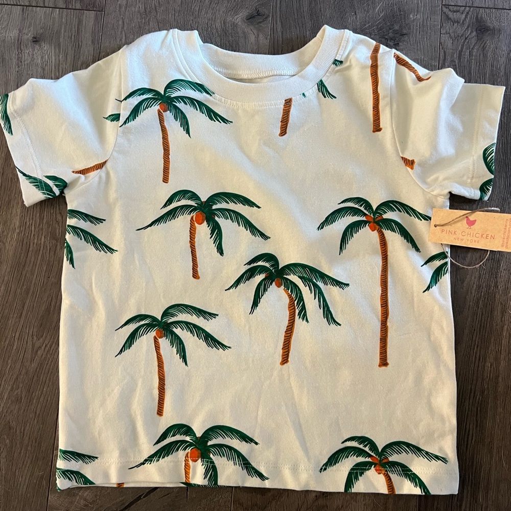 Pink Chicken Kids Organic Tee - Cream Palm Trees